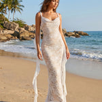 White Lace Cowl Neck Ribbon Side Mermaid Maxi Dress