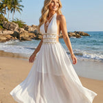 White Shell Tassel Halter Cutout Maxi Dress