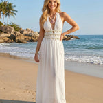 White Shell Tassel Halter Cutout Maxi Dress