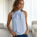 Blue High Neck Bow Tie Sleeveless Blouse