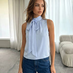 Blue High Neck Bow Tie Sleeveless Blouse