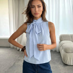 Blue High Neck Bow Tie Sleeveless Blouse
