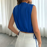 Bright Blue Gathered Round Neck Sleeveless Cropped Blouse
