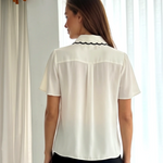 White Scalloped Black Contrast Trim Short Sleeve Blouse