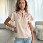 Pink Silky High Neck Keyhole Flutter Sleeve Blouse