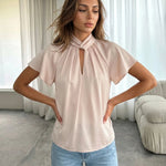 Pink Silky High Neck Keyhole Flutter Sleeve Blouse