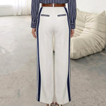 White Navy Blue Vertical Stripe Wide Leg Trousers