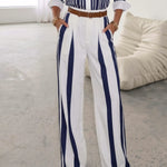 White Navy Blue Vertical Stripe Wide Leg Trousers