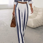 White Navy Blue Vertical Stripe Wide Leg Trousers