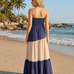 Navy Block Smocked Strapless Tiered Maxi Dress