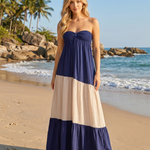 Navy Block Smocked Strapless Tiered Maxi Dress