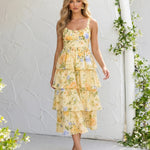 Yellow Floral Print Tiered Spaghetti Strap Midi Dress