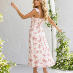 Pink Floral Print Ruffled Sleeve Waist Tie Midi Dress