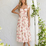 Pink Floral Print Ruffled Sleeve Waist Tie Midi Dress