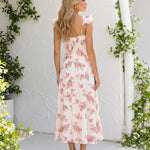 Pink Floral Print Ruffled Sleeve Waist Tie Midi Dress