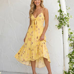 Yellow Seashell Print Front Tie High Low Midi Dress