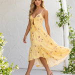 Yellow Seashell Print Front Tie High Low Midi Dress