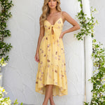Yellow Seashell Print Front Tie High Low Midi Dress