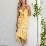 Yellow Seashell Print Front Tie High Low Midi Dress