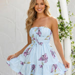 Blue Purple Floral Print Strapless Tiered Ruffled Mini Dress