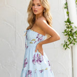 Blue Purple Floral Print Strapless Tiered Ruffled Mini Dress