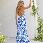 White Blue Tropical Print V Neck Spaghetti Strap Maxi Dress