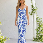 White Blue Tropical Print V Neck Spaghetti Strap Maxi Dress