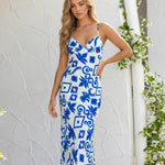 White Blue Tropical Print V Neck Spaghetti Strap Maxi Dress