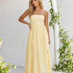 Yellow Waist Sash Strapless Maxi Dress