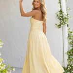 Yellow Waist Sash Strapless Maxi Dress