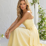 Yellow Waist Sash Strapless Maxi Dress