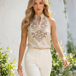 Khaki Multicolor Floral Embroidered Halter Neck Sleeveless Top