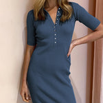 Zeagoo Women's Button Lapel Half Sleeve Fitted Ribbed Dress