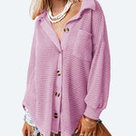 Zeagoo Waffle Knit Button Down Shirt Long Sleeve Loose Solid Color Tops