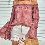 Zeagoo Off The Shoulder Tops Floral Print Casual Loose Chiffon Bell Sleeve Blouse Shirts