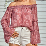Zeagoo Off The Shoulder Tops Floral Print Casual Loose Chiffon Bell Sleeve Blouse Shirts
