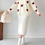 Zeagoo Women's Chic Two-piece Set Hearts Knit Pullover and Hip Wrap Skirt