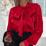 Zeagoo Elegant Pearl Embellished Bow Tie Shirt for Women Casual Work Office Loose Fit 2026 | Under $40