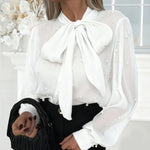 Zeagoo Elegant Pearl Embellished Bow Tie Shirt for Women Casual Work Office Loose Fit 2026 | Under $40