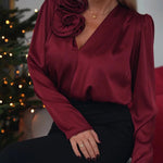 Zeagoo Elegant V-Neck Flower Decor Satin Blouse for Women Elegant Office Work Dressy 2026 | Under $40