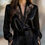 Zeagoo Urban V-neck Lace Splicing Puff Sleeve Blouse for Women Elegant Date Night Party 2026 | Under $40
