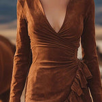 Zeagoo Women's Boho Western Ruffle Trim Suede Dress
