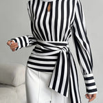 Zeagoo Women's Chic Mock Neck Chuncky Stripe Belted Blouse for Women Casual Work Office Loose Fit 2026 | Under