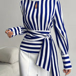 Zeagoo Women's Chic Mock Neck Chuncky Stripe Belted Blouse for Women Casual Work Office Loose Fit 2026 | Under