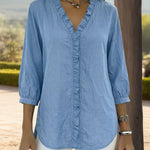 Zeagoo Trendy V-neck Ruffled Trim Lantern Sleeve Blouse for Women Cute Summer Casual 2026 | Under $40