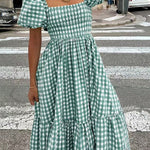 Zeagoo Women's 2026 Summer Boho Plaid Square Neck Midi Dress Casual A Line Flowy Sundress with Pockets Beach Vacation
