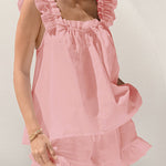 Casual Washed Cotton Ruffled Square Neck Top and Shorts Set