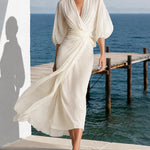 Flowy Layered Lantern Sleeves Midi Dress