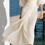 Flowy Layered Lantern Sleeves Midi Dress