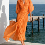 Flowy Layered Lantern Sleeves Midi Dress